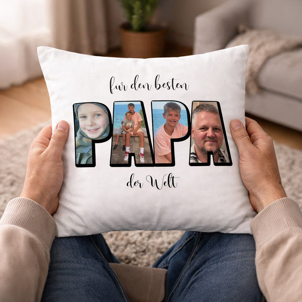 Papa Fotokissen mit 4 Bildern personalisiert - Bester Papa der Welt