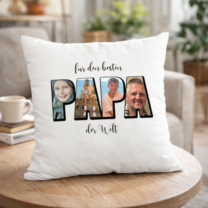 Papa Fotokissen mit 4 Bildern personalisiert - Bester Papa der Welt