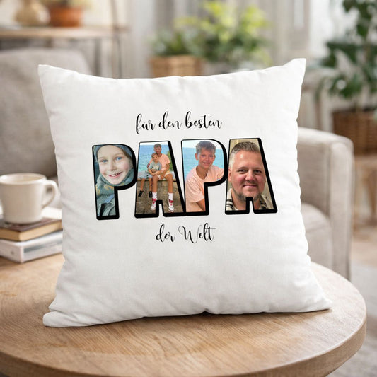 Papa Fotokissen mit 4 Bildern personalisiert - Bester Papa der Welt