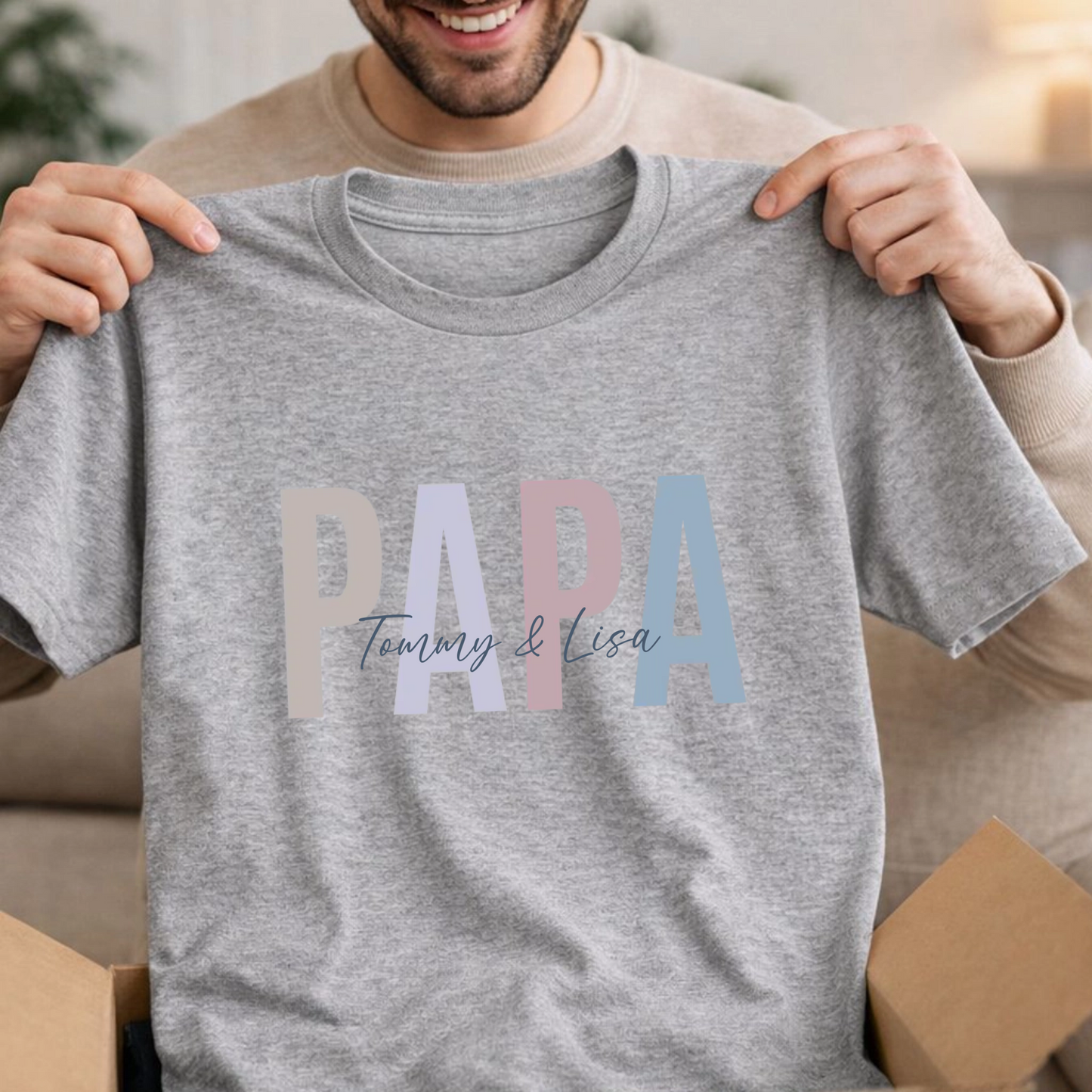 Personalisiertes Papa Shirt in Grau mit Namen der Kinder im Pastell Design von Fulima