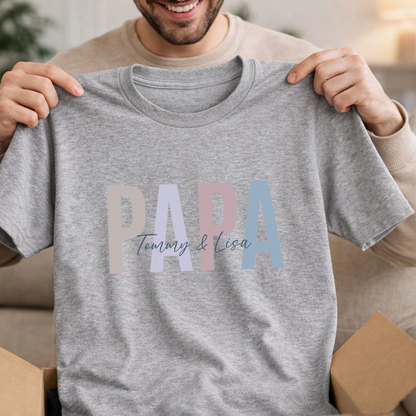 Personalisiertes Papa Shirt in Grau mit Namen der Kinder im Pastell Design von Fulima