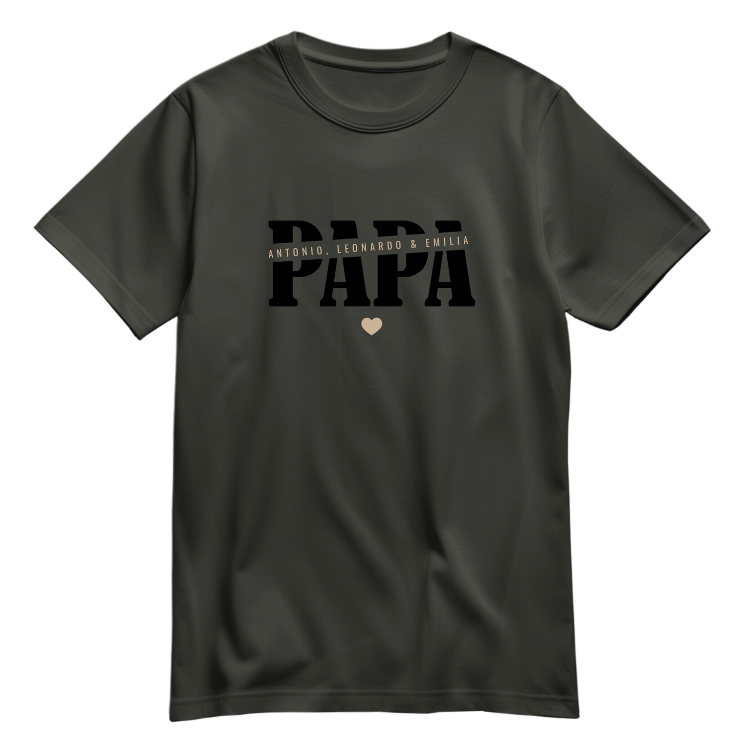 Papa Shirt personalisiert mit Namen der Kinder oder Wunschtext und Herzchen - Farbe Khaki - Olive