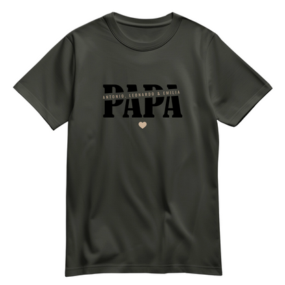 Papa Shirt personalisiert mit Namen der Kinder oder Wunschtext und Herzchen - Farbe Khaki - Olive