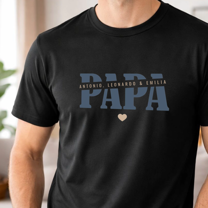 Papa Shirt personalisiert mit Namen der Kinder oder Wunschtext und Herzchen - Farbe Schwarz - Detail Beispielbild