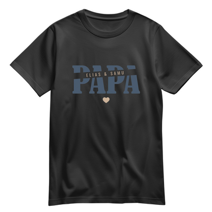 Papa Shirt personalisiert mit Namen der Kinder oder Wunschtext und Herzchen - Farbe Schwarz