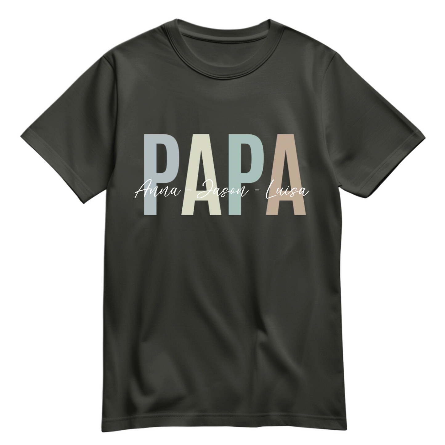 Papa Shirt personalisiert mit Namen der Kinder im Pastell Design - Farbe Khaki