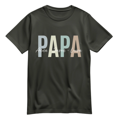 Papa Shirt personalisiert mit Namen der Kinder im Pastell Design - Farbe Khaki
