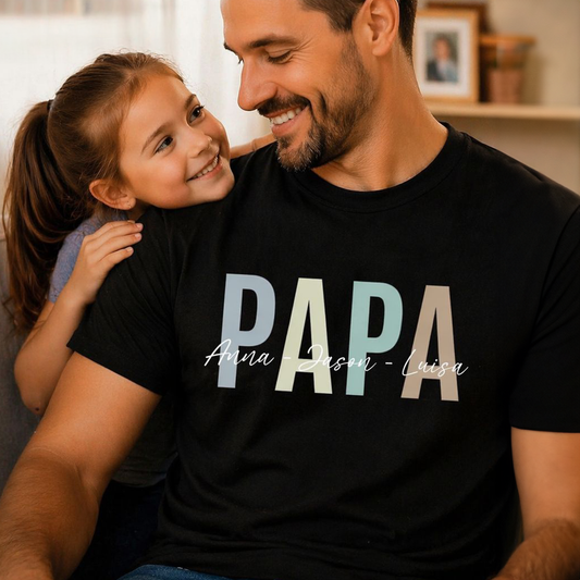 Papa Shirt personalisiert mit Namen der Kinder im Pastell Design