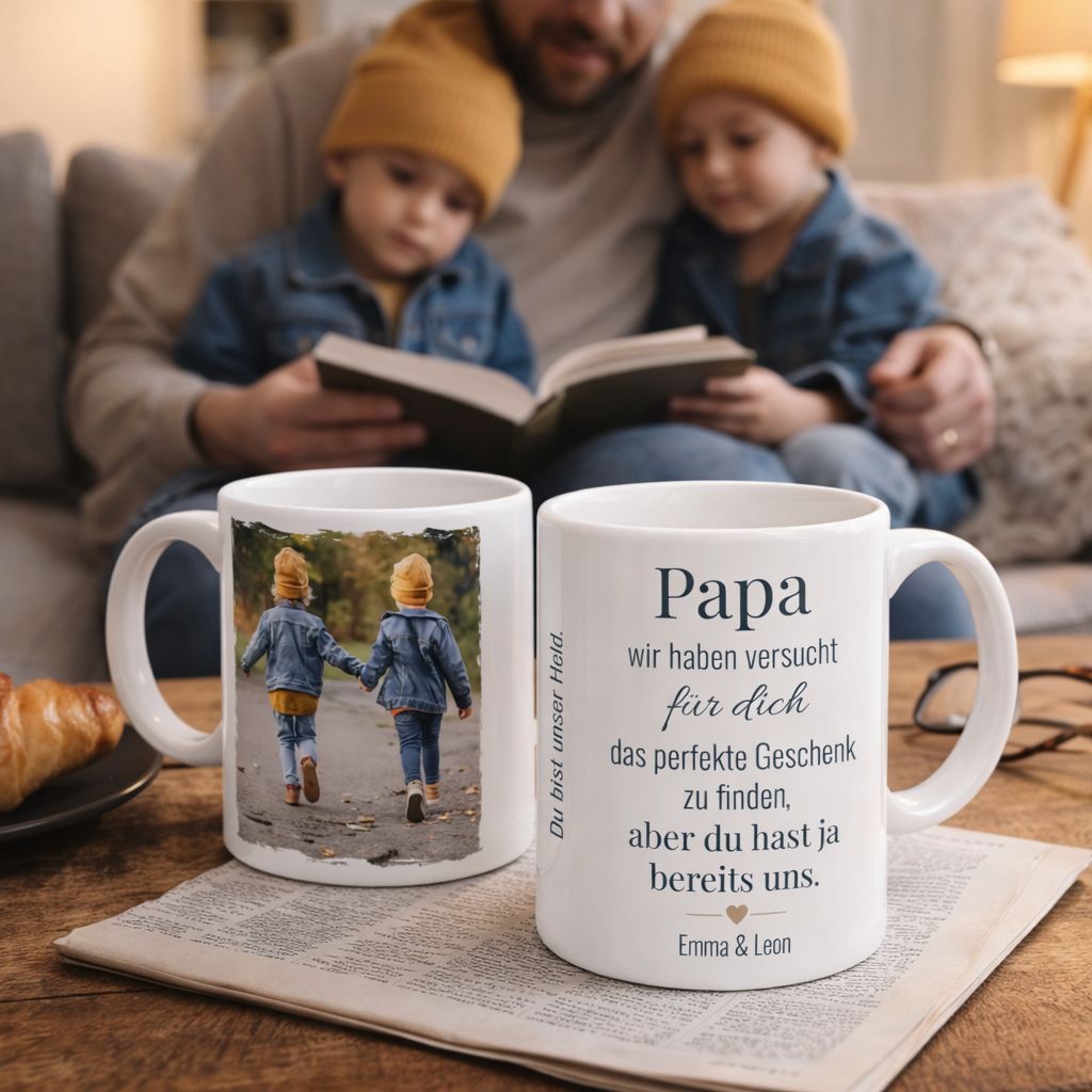 Papa liest seinen Kindern ein Buch während die personalisierte Tasse mit Namen und Foto auf dem Tisch steht
