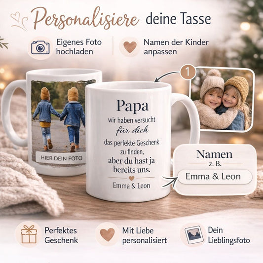 Personalisierte Tasse für Papa mit Namen der Kinder individuell anpassbar und emotionalen Design