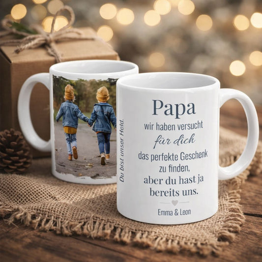 Personalisierte Papa Tasse mit Foto der Kinder und liebevollem Spruch als Geschenkidee für Vatertag oder Geburtstag