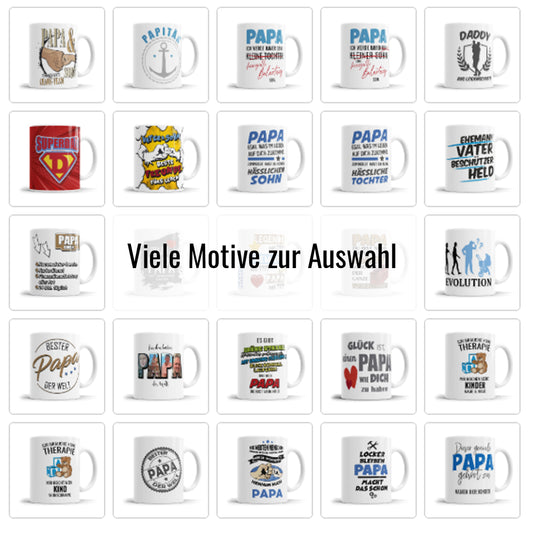 Auswahl verschiedener Papa Tassen Designs