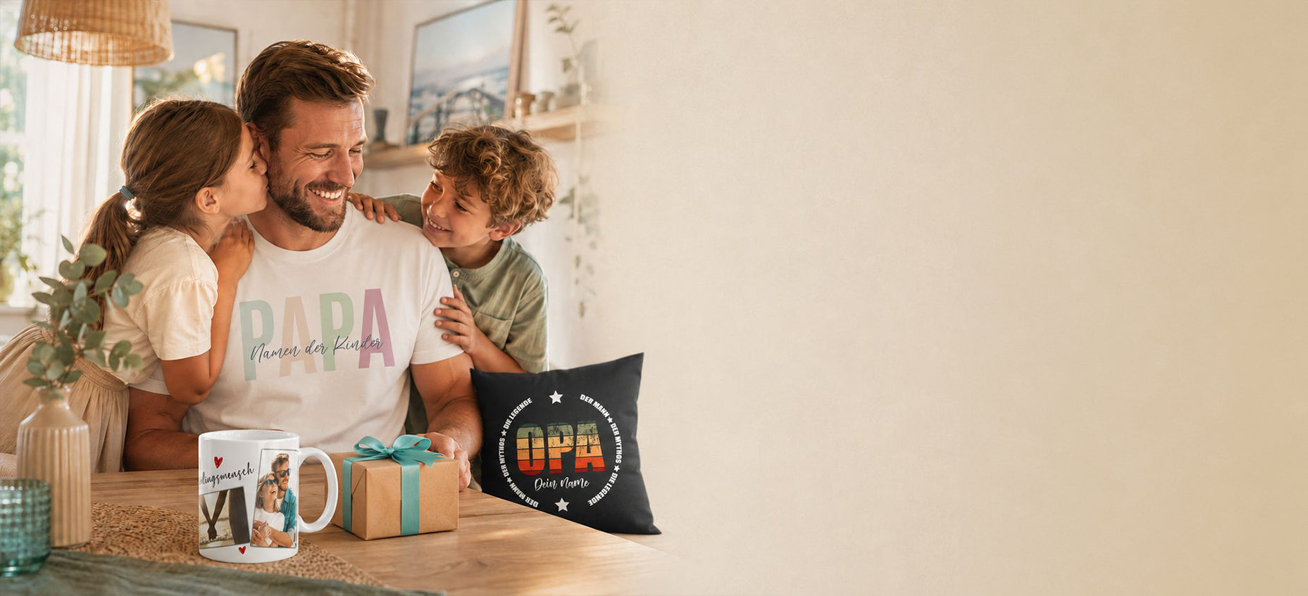 Personalisierte Geschenke mit Papa-Shirt, Opa-Kissen und Fototasse von FULiMA
