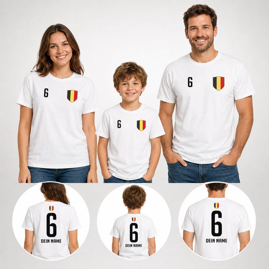 Personalisiertes Belgien Fan-Shirt in Schwarz und Rot mit Name, Nummer und Wappen