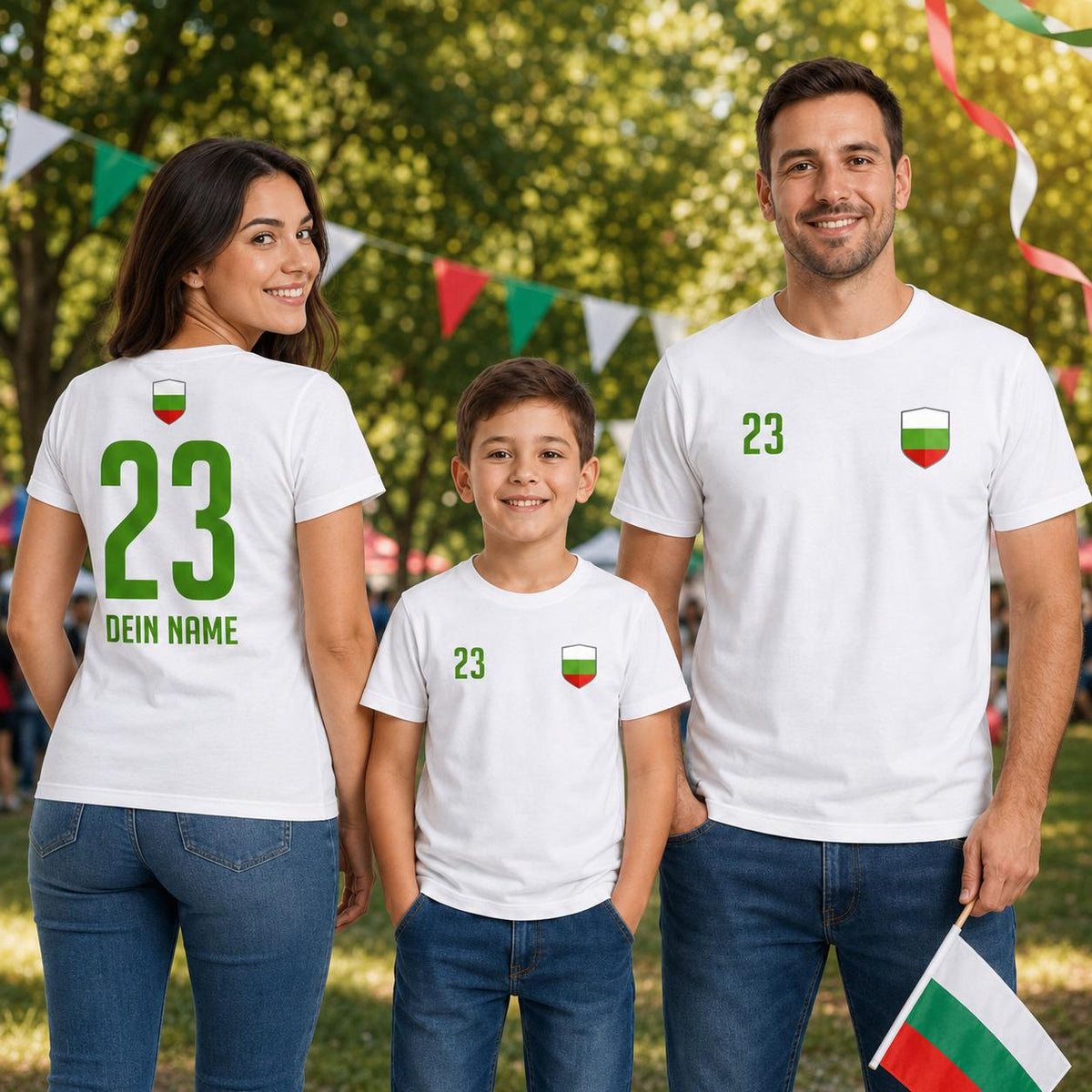 Familie mit personalisierten Bulgarien Fan-Shirts für Kinder und Erwachsene vor einem Fußballstadion