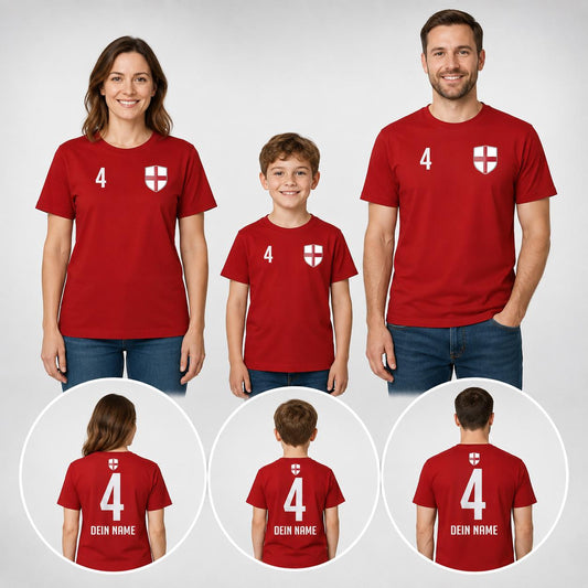 Personalisiertes England Fan-Shirt in Weiß und Rot mit Name, Nummer und Wappen