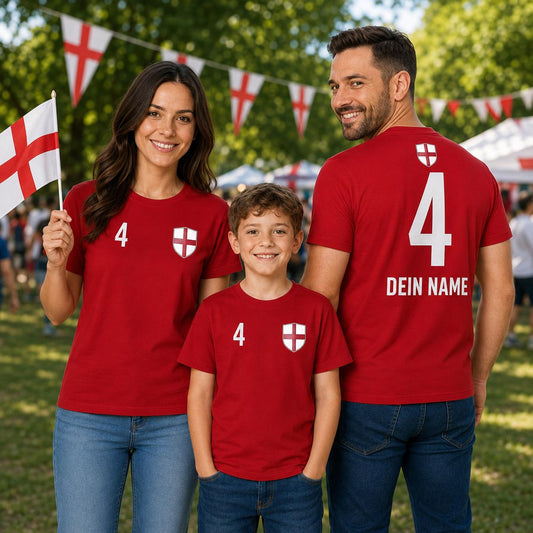 Personalisiertes England Fan-Shirt in Weiß und Rot mit Name, Nummer und Wappen