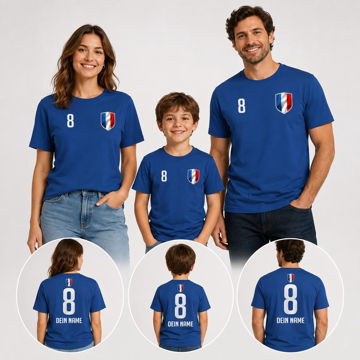 Familie mit personalisierten Frankreich Fan-Shirts und Rückenansichten mit Wunschname und Nummer