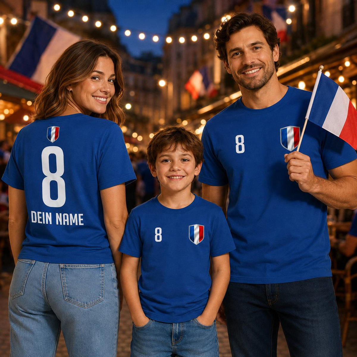 Familie mit personalisierten Frankreich-Shirts beim gemeinsamen Anfeuern in französischer Kulisse
