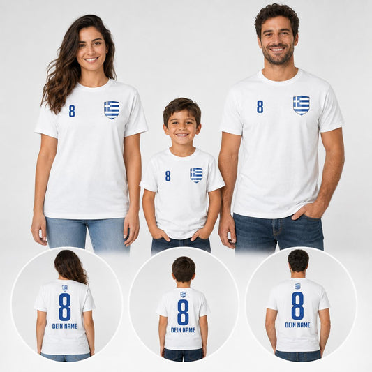 Personalisiertes Griechenland Fan-Shirt mit Wappen, Name und Nummer für Kinder und Erwachsene