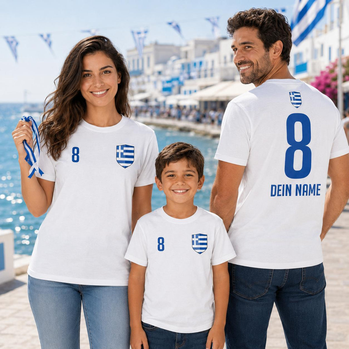 Familie mit personalisierten Griechenland-Shirts in Blau und Weiß beim gemeinsamen Anfeuern