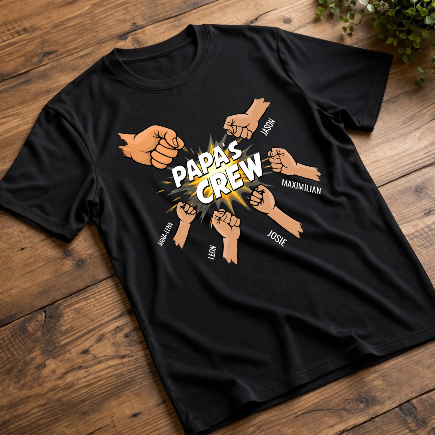 Personalisiertes Papa Shirt „Papas Crew“ mit Namen der Kinder  bis zu 5 Kinder und Fäuste wählbar