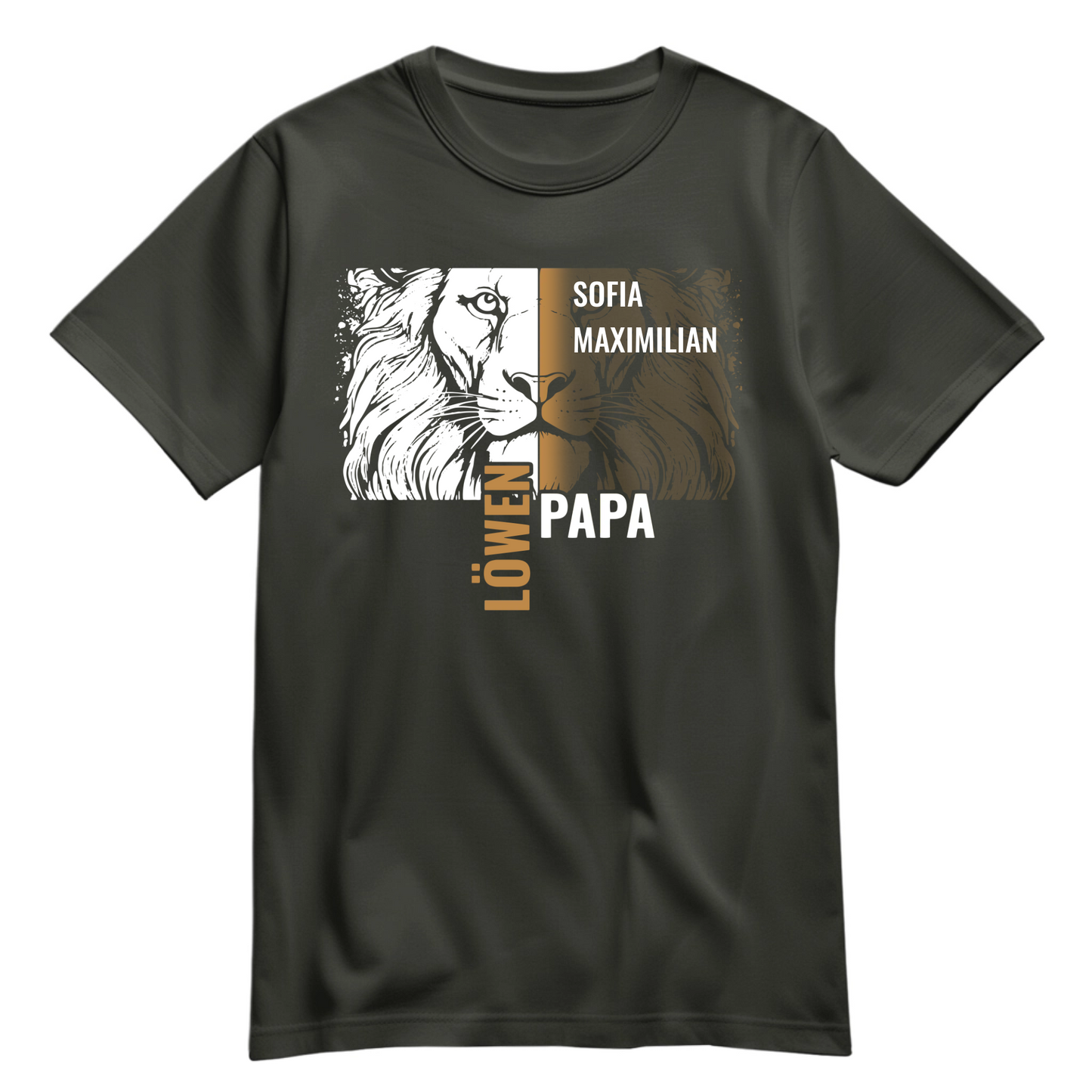 Personalisiertes Papa Shirt „Löwenpapa“ mit Namen der Kinder - Produktbild- Khaki 