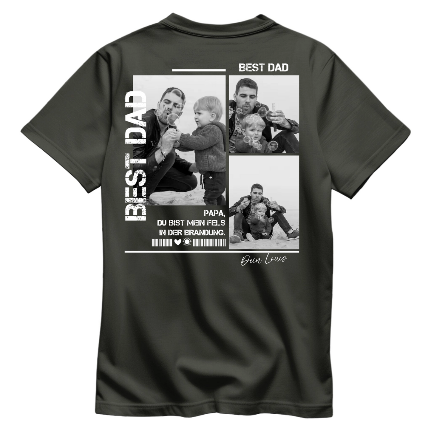 Personalisiertes Papa Shirt mit Foto Rückenprint - Produktbild - Beispiel -Khaki