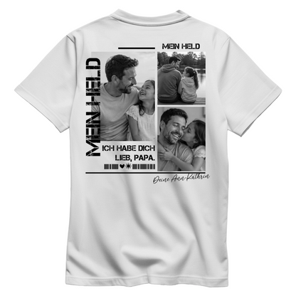 Personalisiertes Papa Shirt mit Foto Rückenprint - Produktbild - Beispiel -Weiss