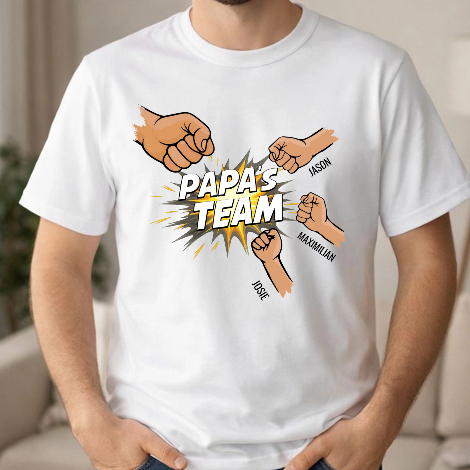Personalisiertes Papa Shirt „Papas Team“ mit Namen der Kinder - Weiß - Produktbeispiel