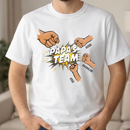Personalisiertes Papa Shirt „Papas Team“ mit Namen der Kinder - Weiß - Produktbeispiel