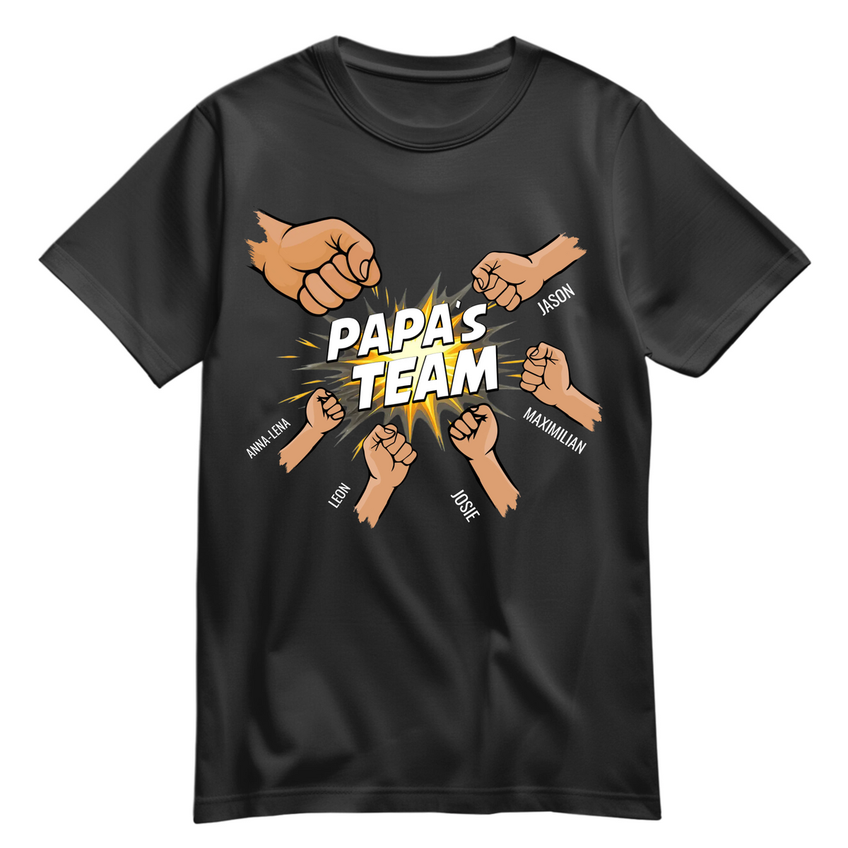 Personalisiertes Papa Shirt „Papas Team“ mit Namen der Kinder - Schwarz - 5 Kinder