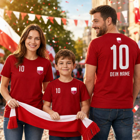 Familie mit personalisierten Polen Fan-Shirts für Kinder und Erwachsene vor einem Fußballstadion