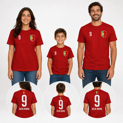 Portugal Fan-Shirts für Kinder und Erwachsene mit personalisiertem Rückenaufdruck und Wappen