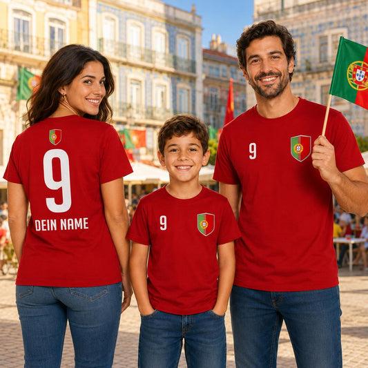 Familie mit personalisierten roten Portugal-Shirts beim gemeinsamen Anfeuern