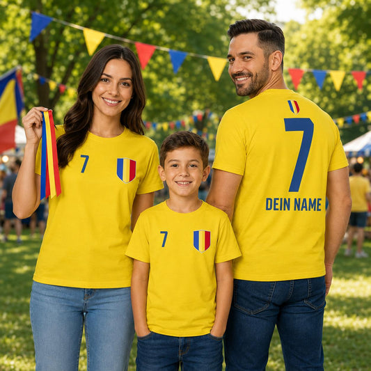 Familie mit personalisierten gelben Rumänien-Shirts beim gemeinsamen Anfeuern