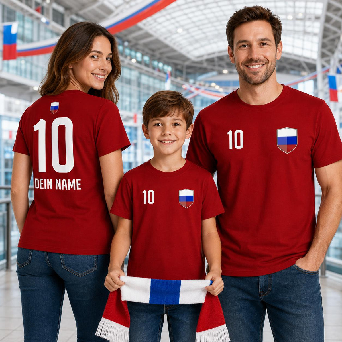 Familie mit personalisierten roten Russland-Shirts beim gemeinsamen Anfeuern