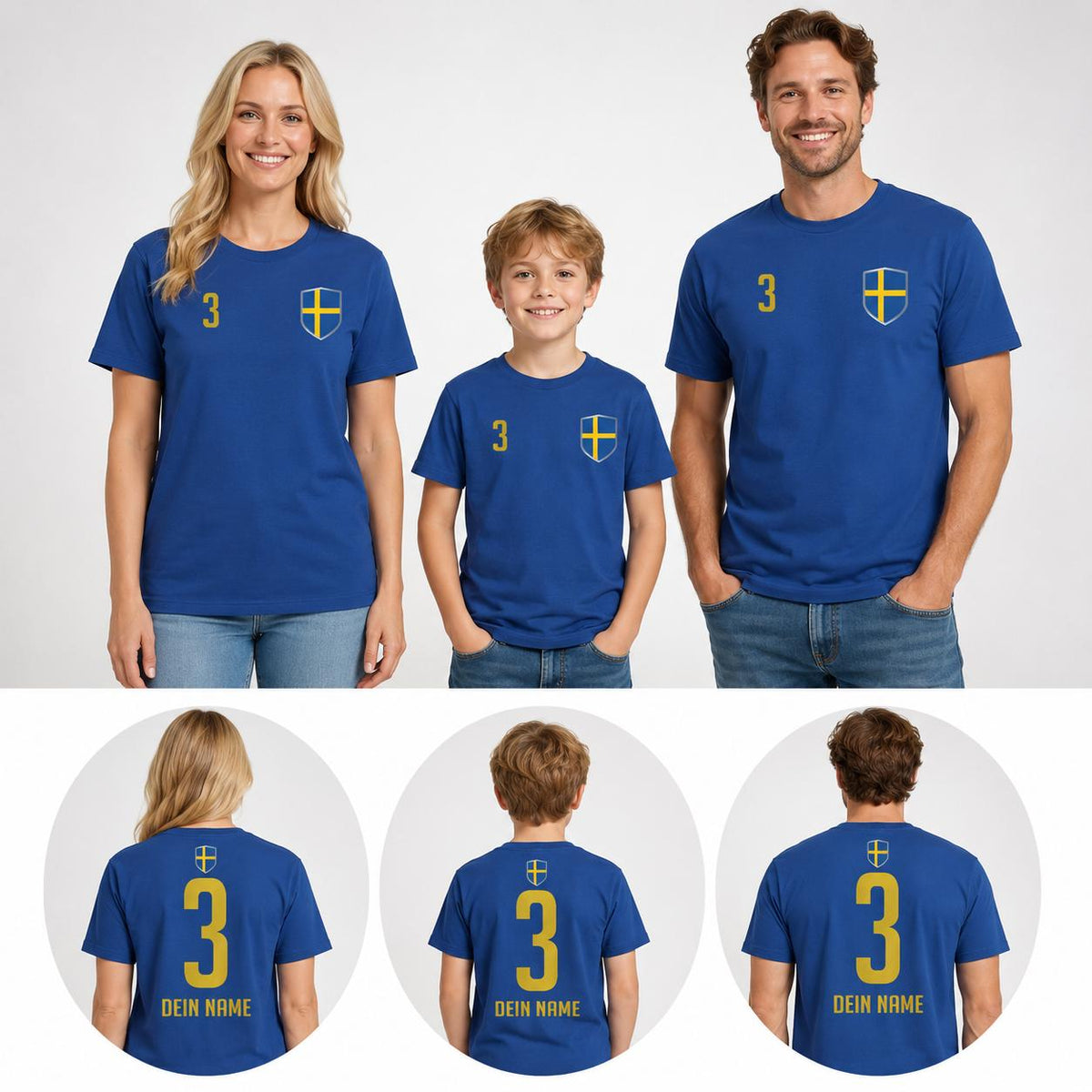 Personalisiertes Schweden Fan-Shirt in Blau und Gelb mit Name, Nummer und Wappen