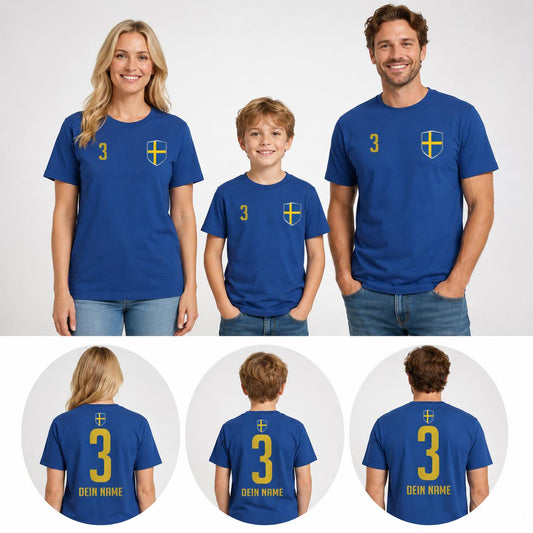 Personalisiertes Schweden Fan-Shirt in Blau und Gelb mit Name, Nummer und Wappen