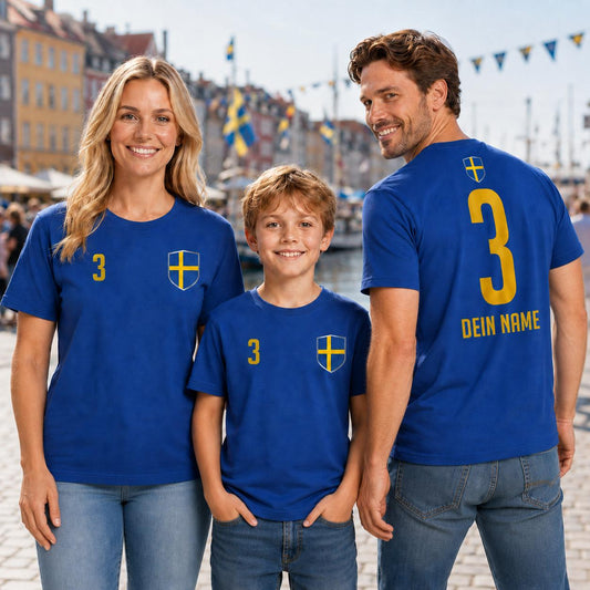 Personalisiertes Schweden Fan-Shirt in Blau und Gelb mit Name, Nummer und Wappen