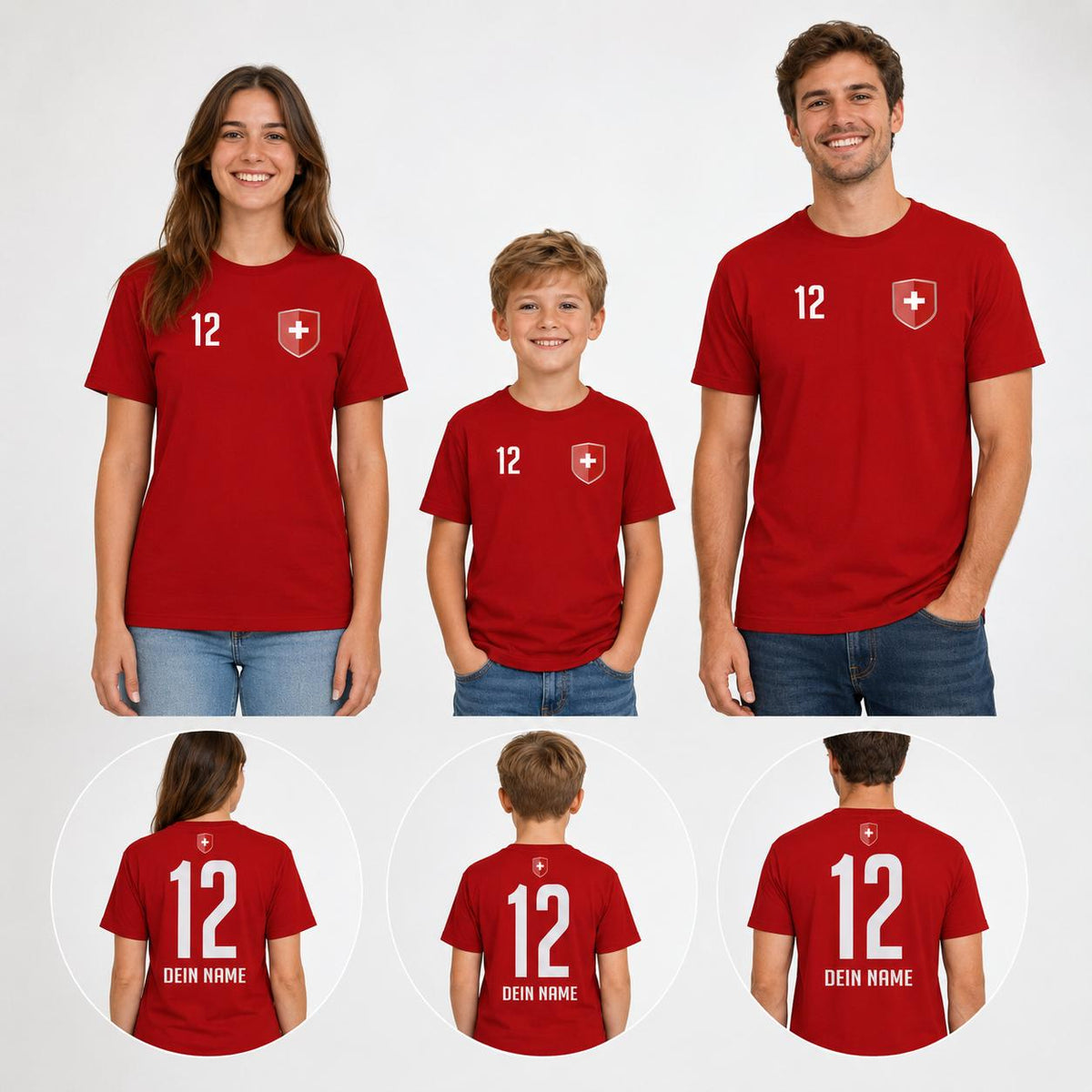 Personalisiertes Schweiz Fan-Shirt in Rot und Weiß mit Name, Nummer und Wappen
