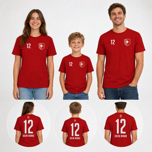 Personalisiertes Schweiz Fan-Shirt in Rot und Weiß mit Name, Nummer und Wappen
