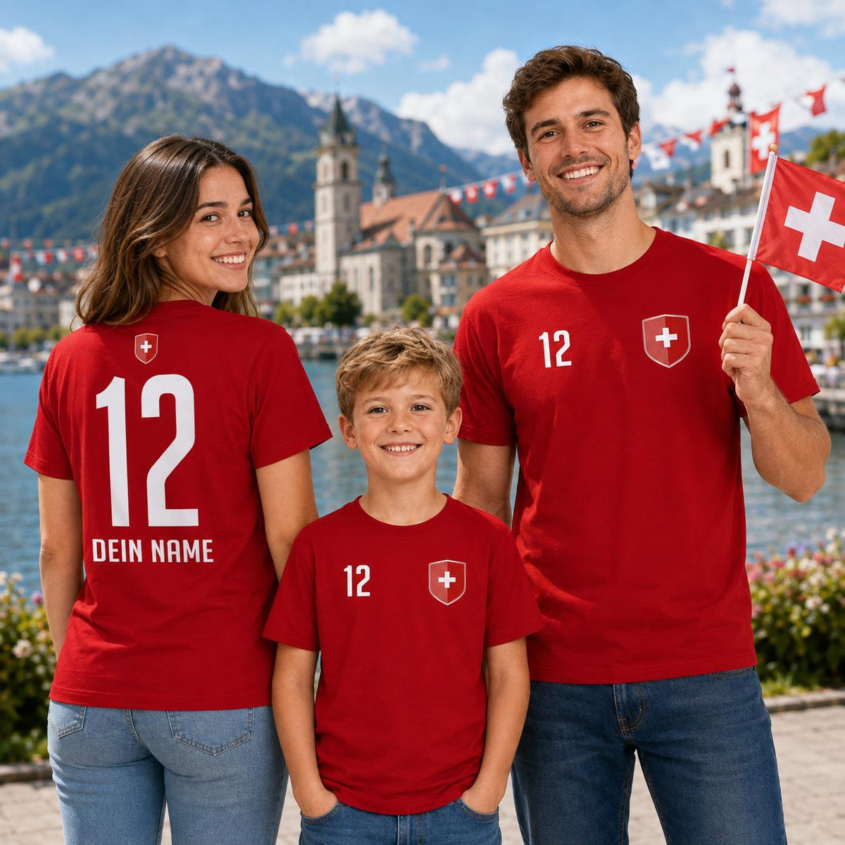 Familie mit personalisierten Schweiz Fan-Shirts für Kinder und Erwachsene vor einem Fußballstadion