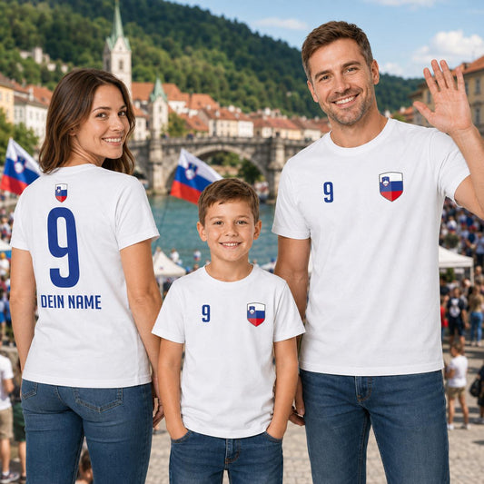 Familie mit personalisierten weißen Slowenien-Shirts beim gemeinsamen Anfeuern