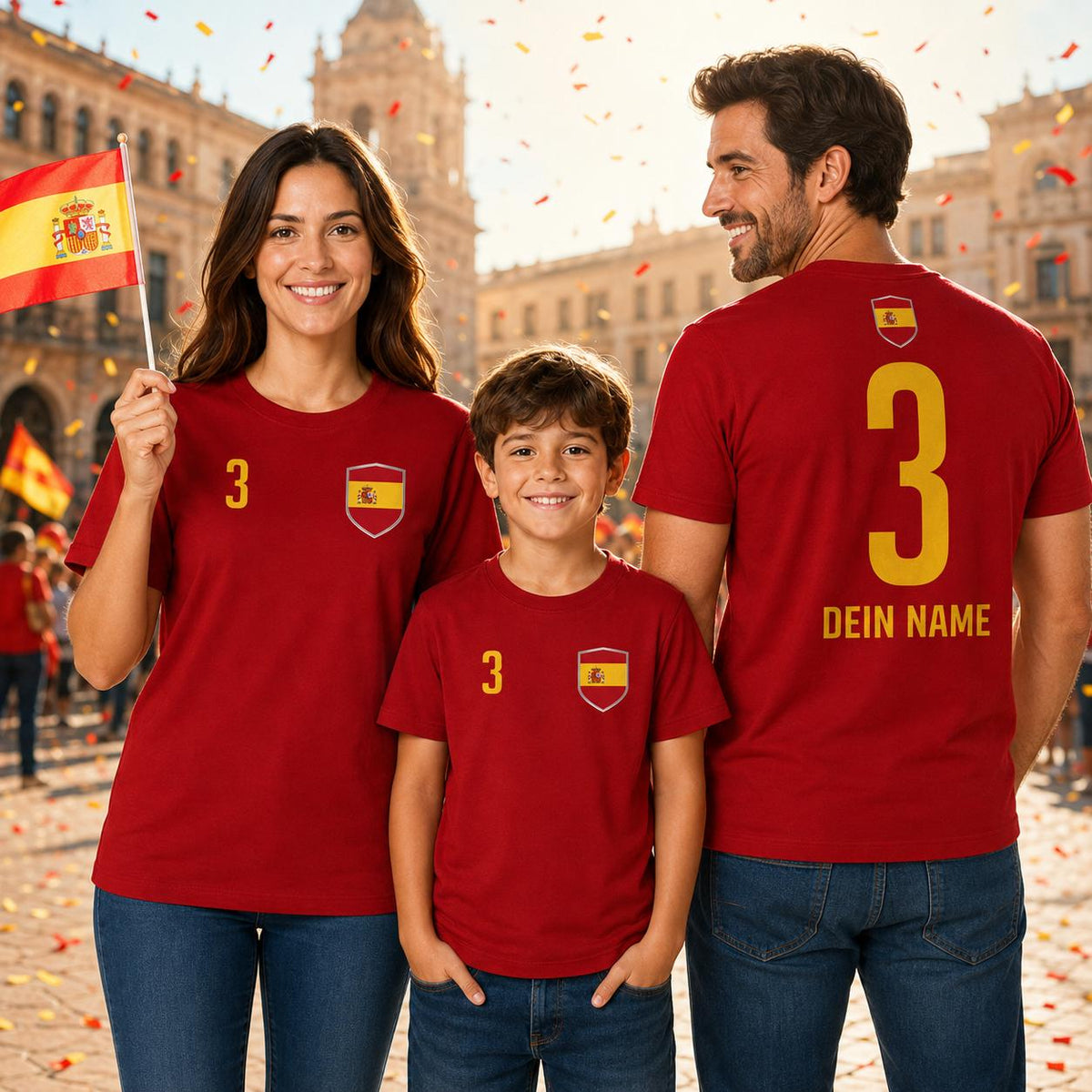 Familie mit personalisierten roten Spanien-Shirts beim gemeinsamen Anfeuern