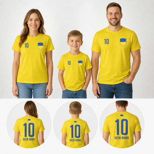 Personalisiertes Ukraine Fan-Shirt für Kinder und Erwachsene mit Vorder- und Rückenansicht