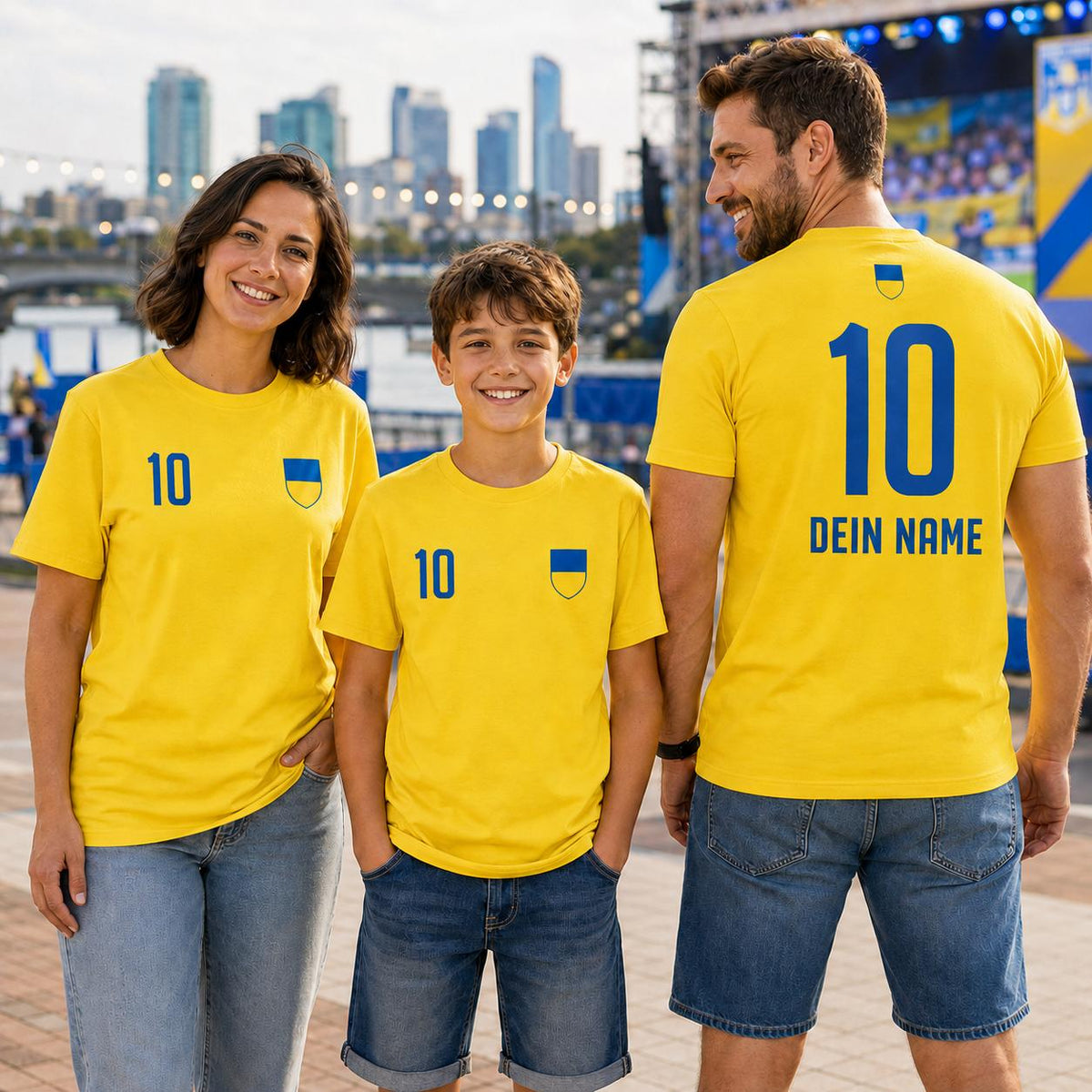 Familie mit personalisierten gelben Ukraine Fan-Shirts mit Wappen, Wunschname und Nummer