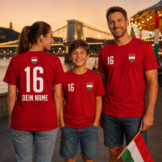 Familie mit personalisierten roten Ungarn-Shirts beim gemeinsamen Anfeuern