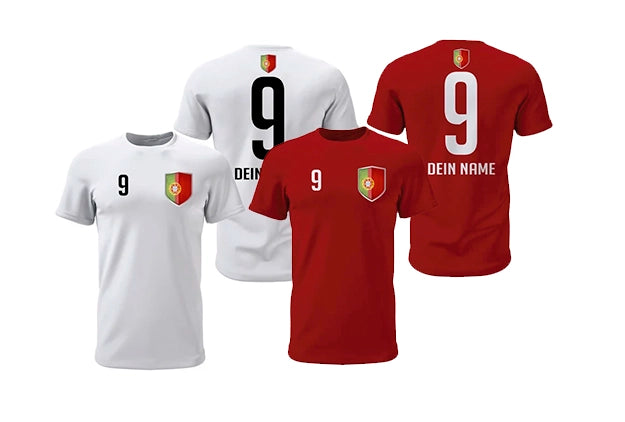 Personalisierte Portugal Fan-Shirts in Rot und Weiß mit Wappen, Wunschname und Nummer