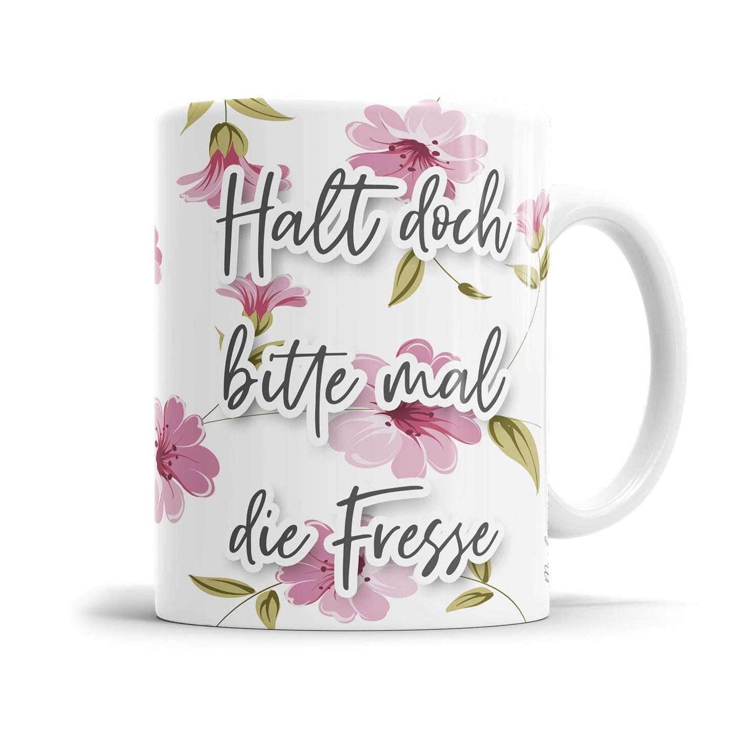 Freche rosa Tasse mit sarkastischer Aussage
